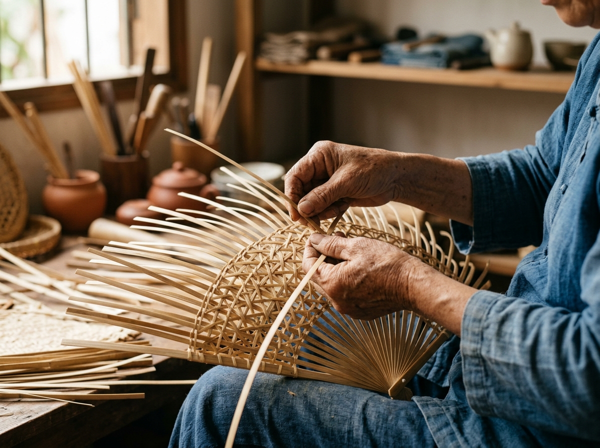 Artisan hands weaving bamboo fan