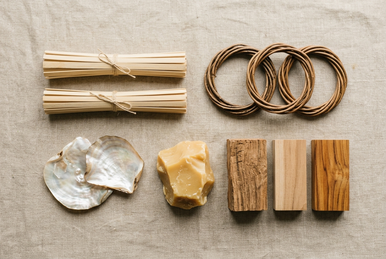 Natural craft materials - bamboo, rattan, mother of pearl