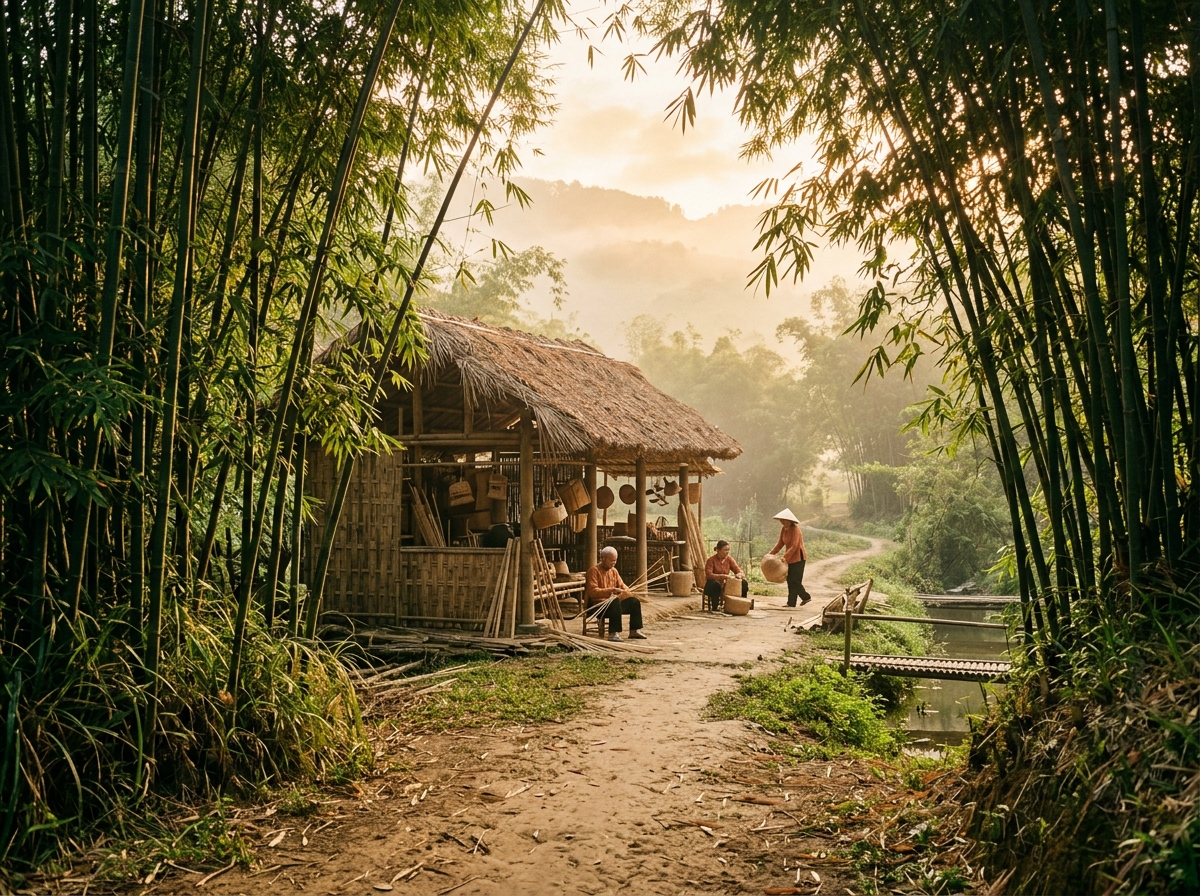 Vietnamese bamboo craft village at golden hour